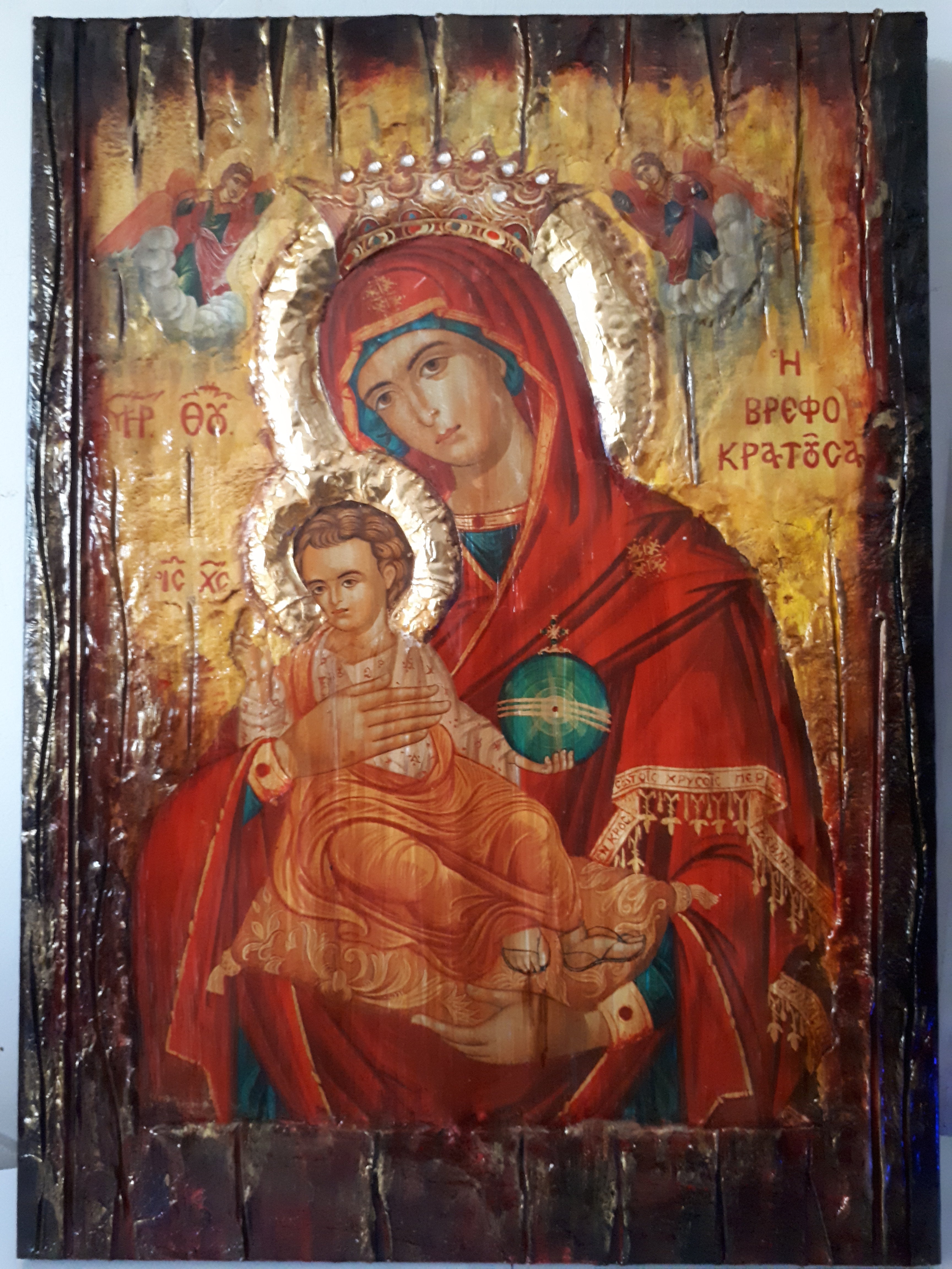 Virgin Mary Vrefokratousa-Jesus Christ Icon-Orthodox Byzantine Religious-Antique Style Famous Icons