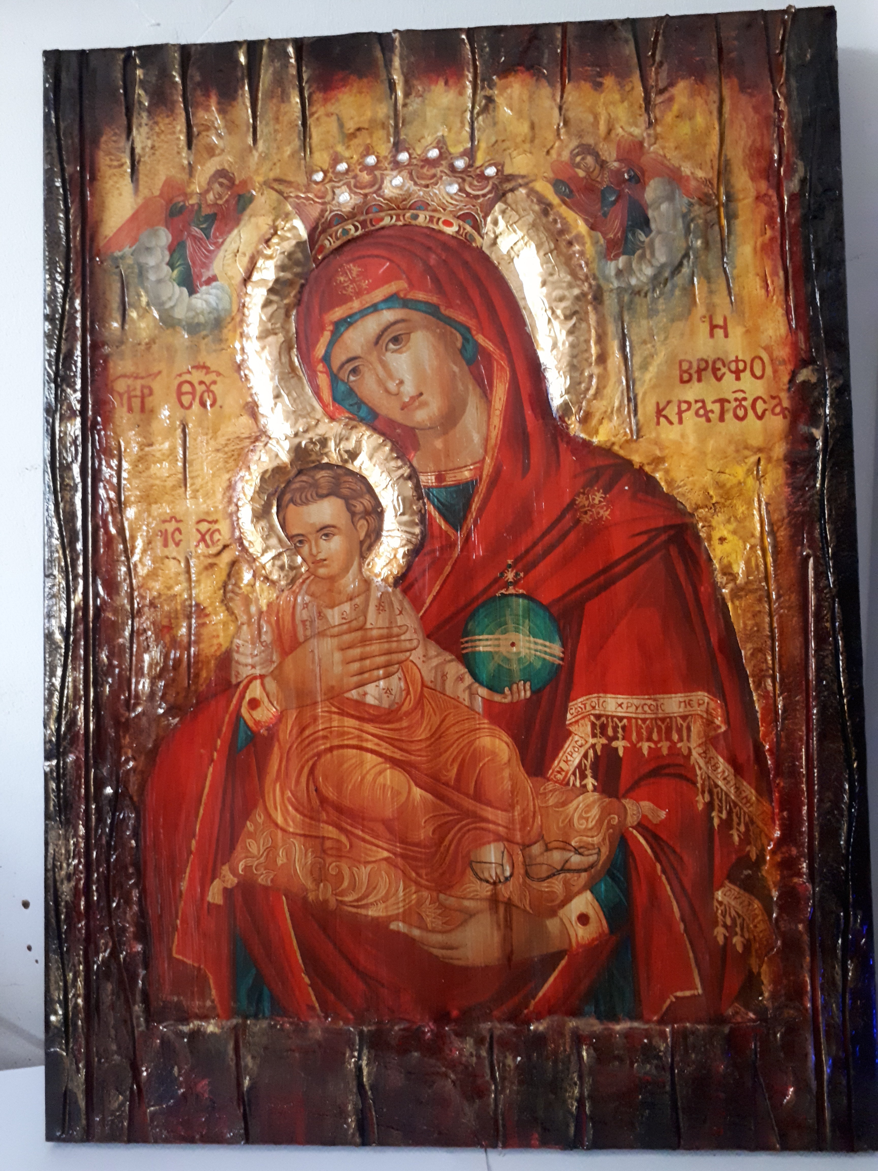 Virgin Mary Vrefokratousa-Jesus Christ Icon-Orthodox Byzantine Religious-Antique Style Famous Icons