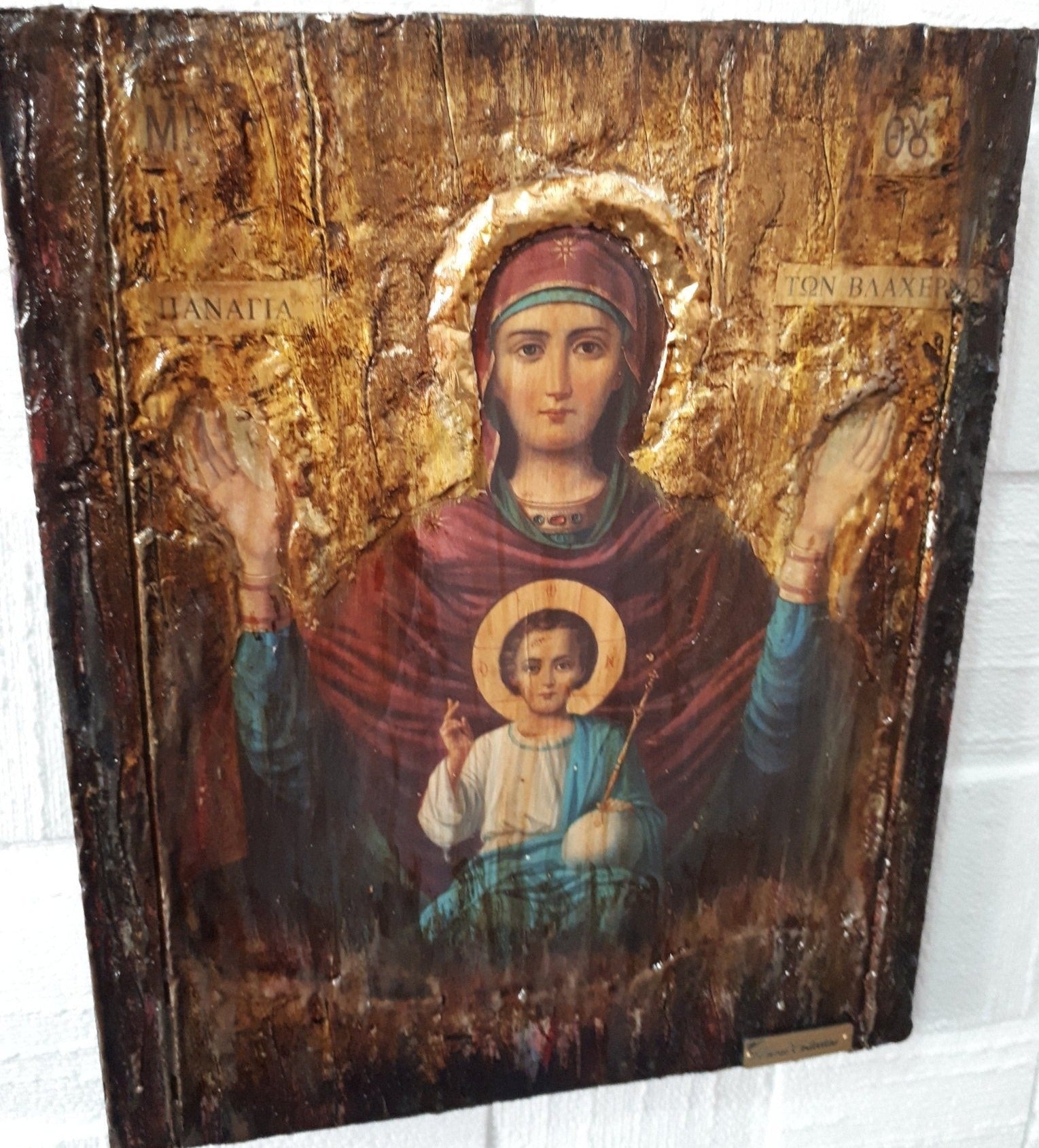 Virgin Mary of Vlahernon Icon-Handmade Greek Orthodox Byzantine Icons Antique - Vanas Collection