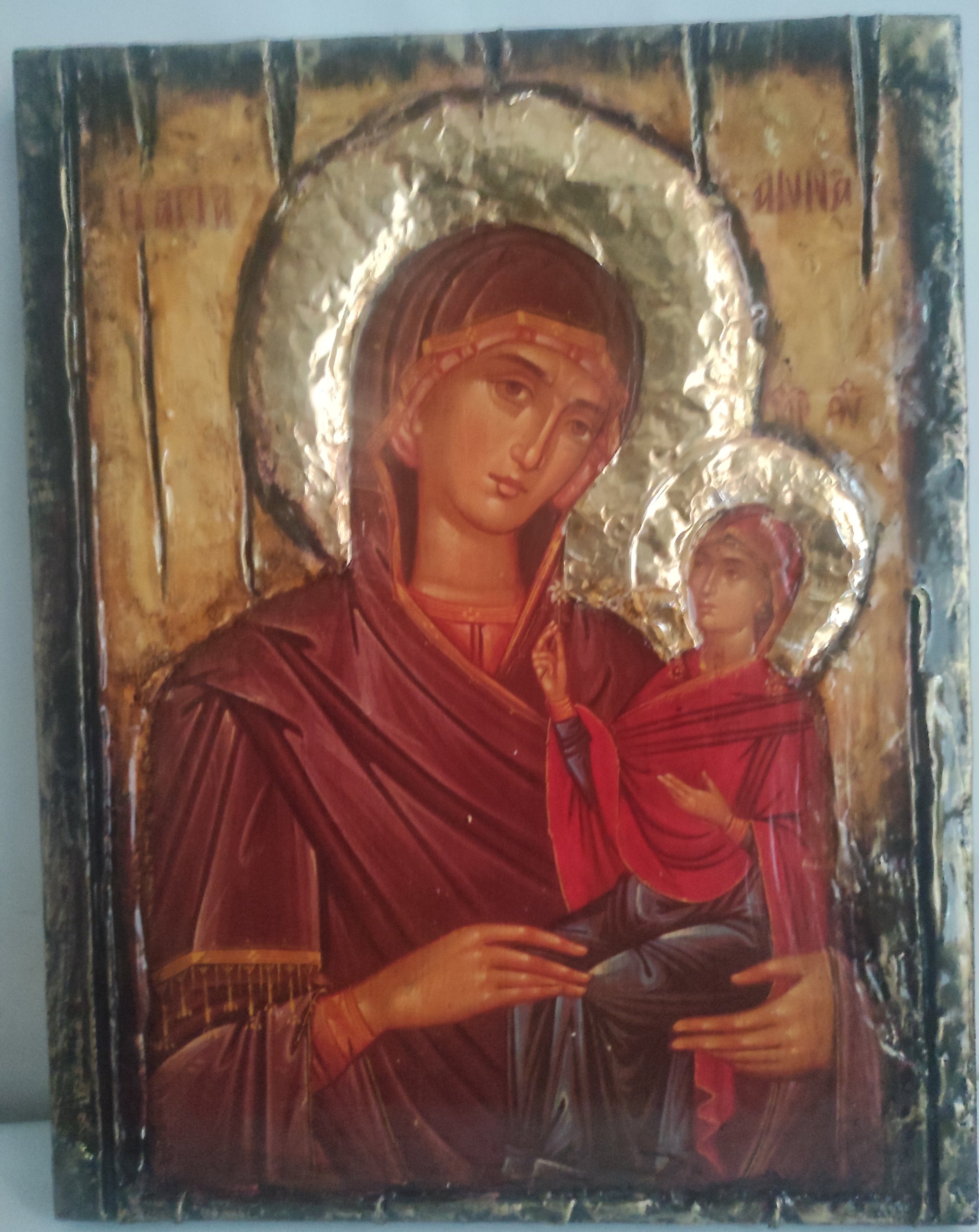 Saint St. Anna with Virgin Mary-Handmade Greek Orthodox Byzantine Icon Antique Style