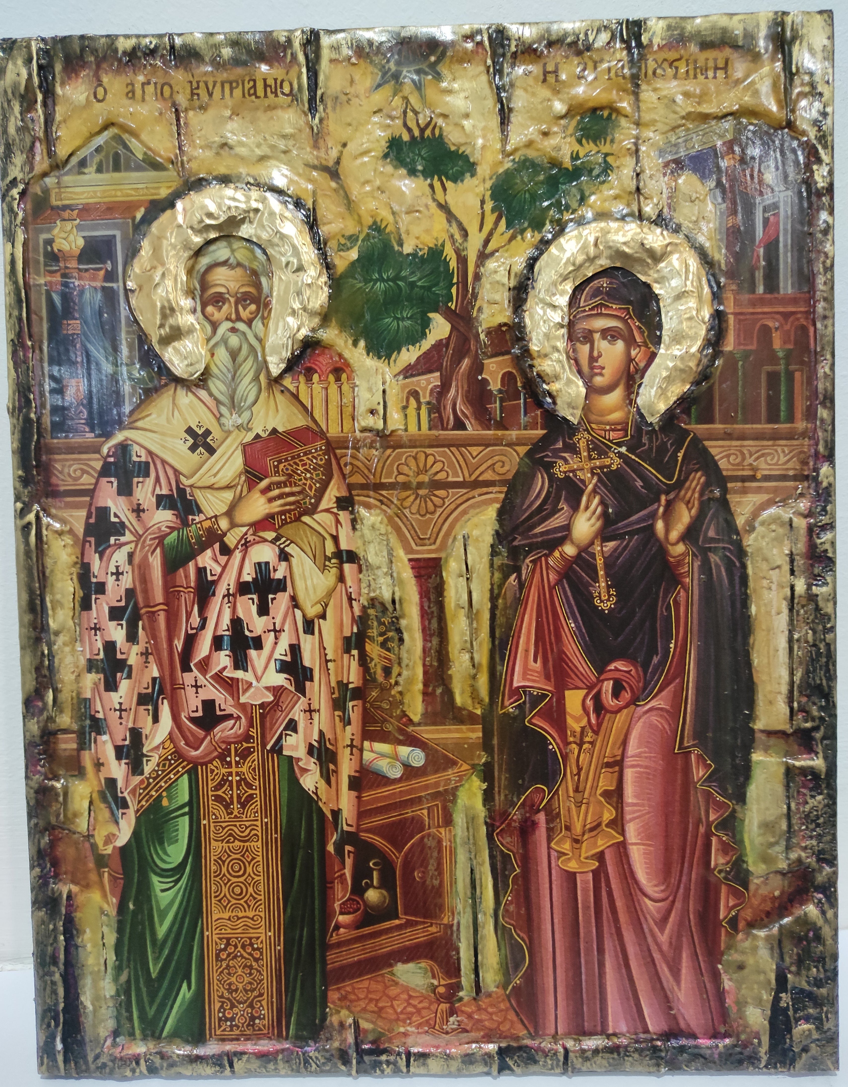 Saints Cyprian, Hieromartyr, Bishop of Carthago and Justina, Virgin-Martyr, of Nicomedia, Full Body Icon-Greek Byzantine Icons