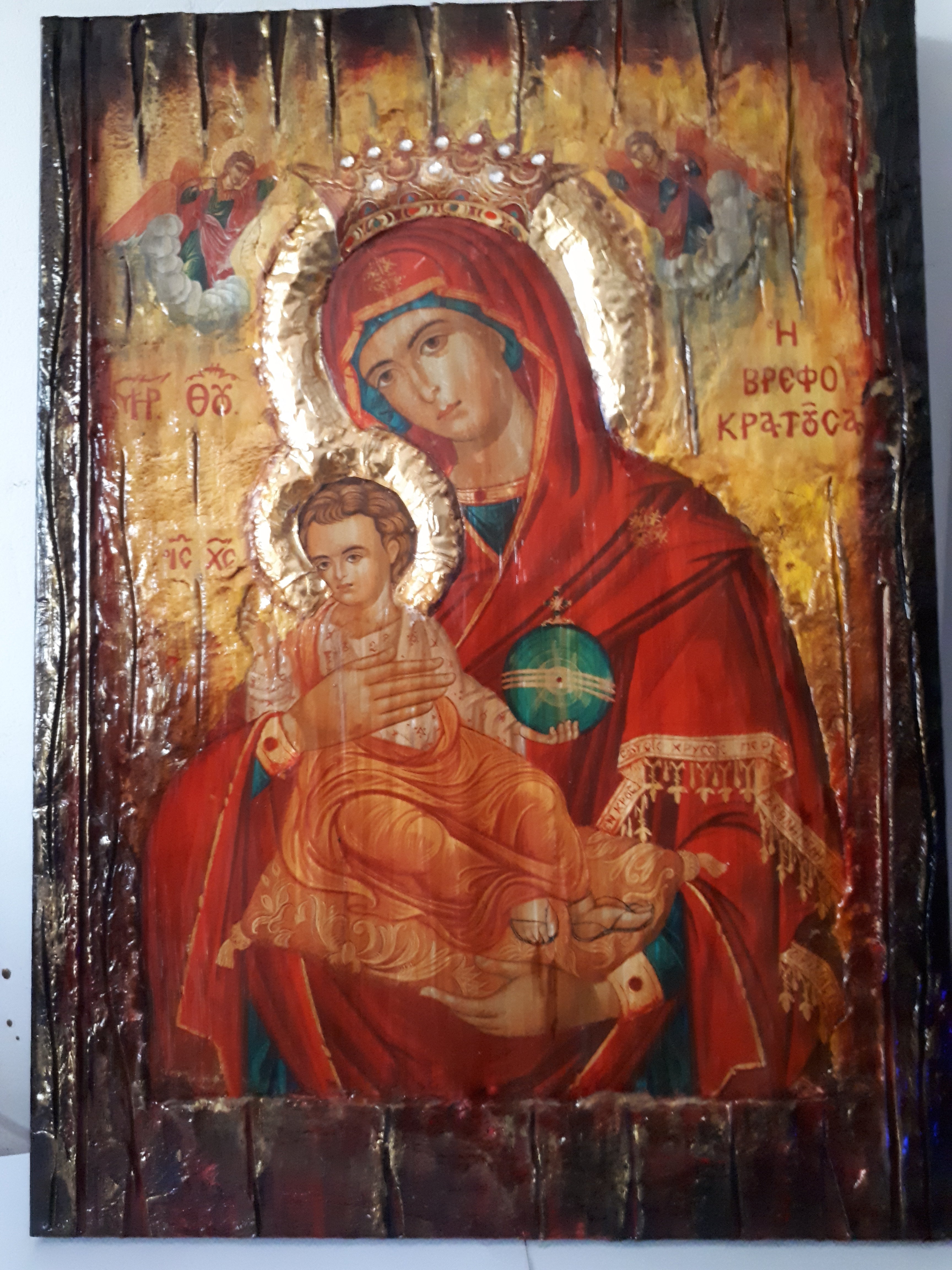 Virgin Mary Vrefokratousa-Jesus Christ Icon-Orthodox Byzantine Religious-Antique Style Famous Icons