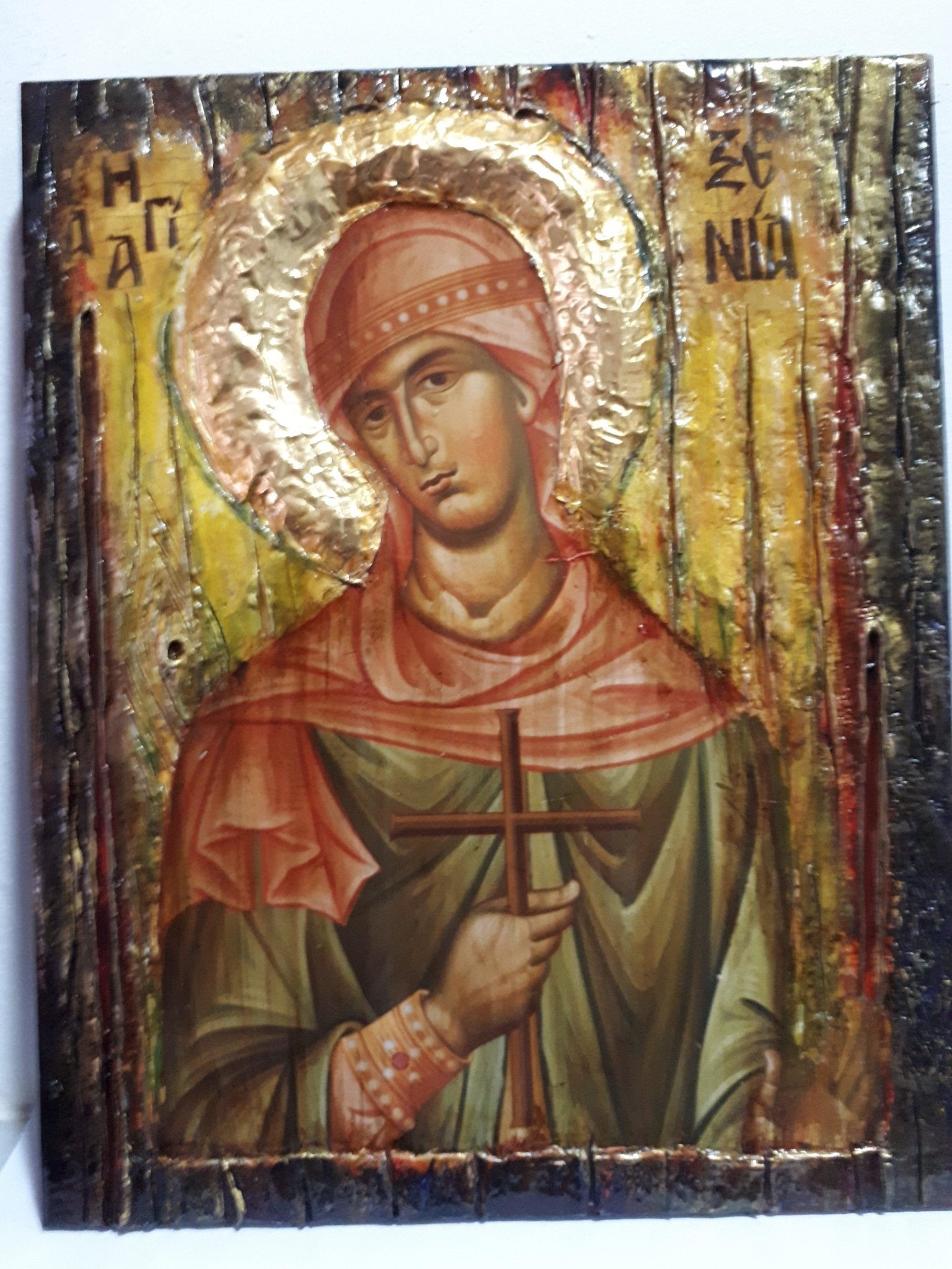 Saint St. Xenia Antique Style Icon on Wood-Greek Orthodox Russian Icons - Vanas Collection