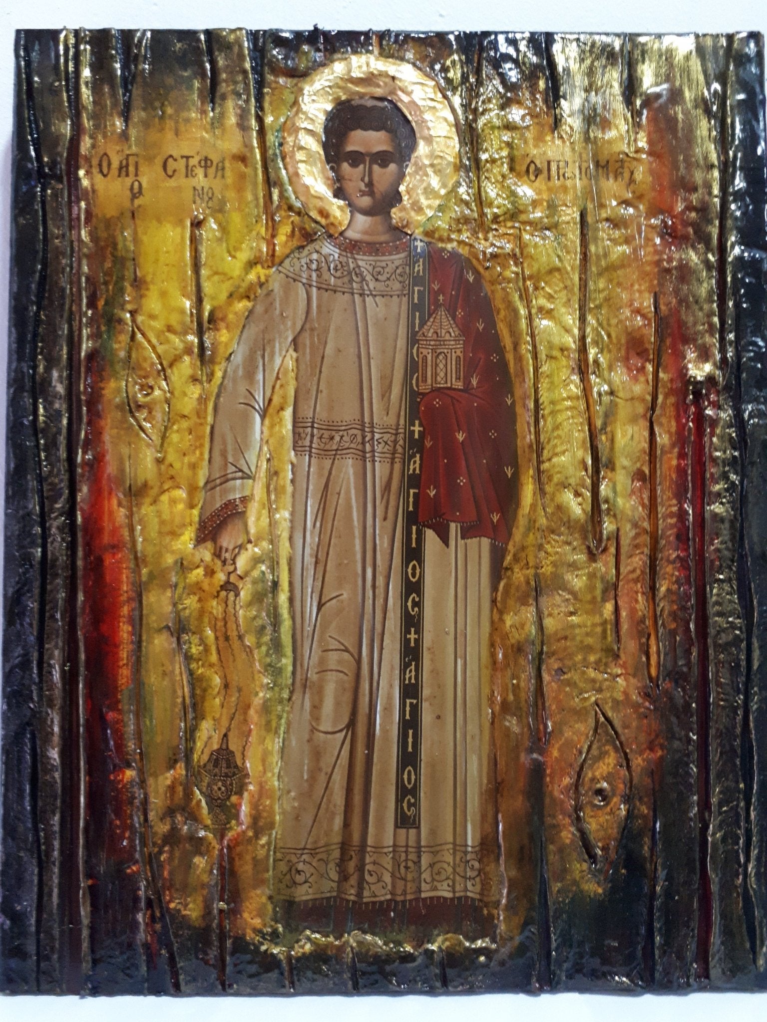 Saint Stefanos Stephen Wooden Greek Icon-Christian Orthodox Wood Icons - Vanas Collection