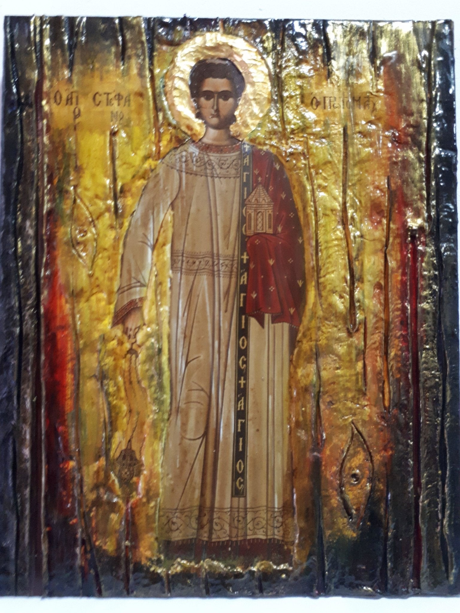 Saint Stefanos Stephen Wooden Greek Icon-Christian Orthodox Wood Icons - Vanas Collection