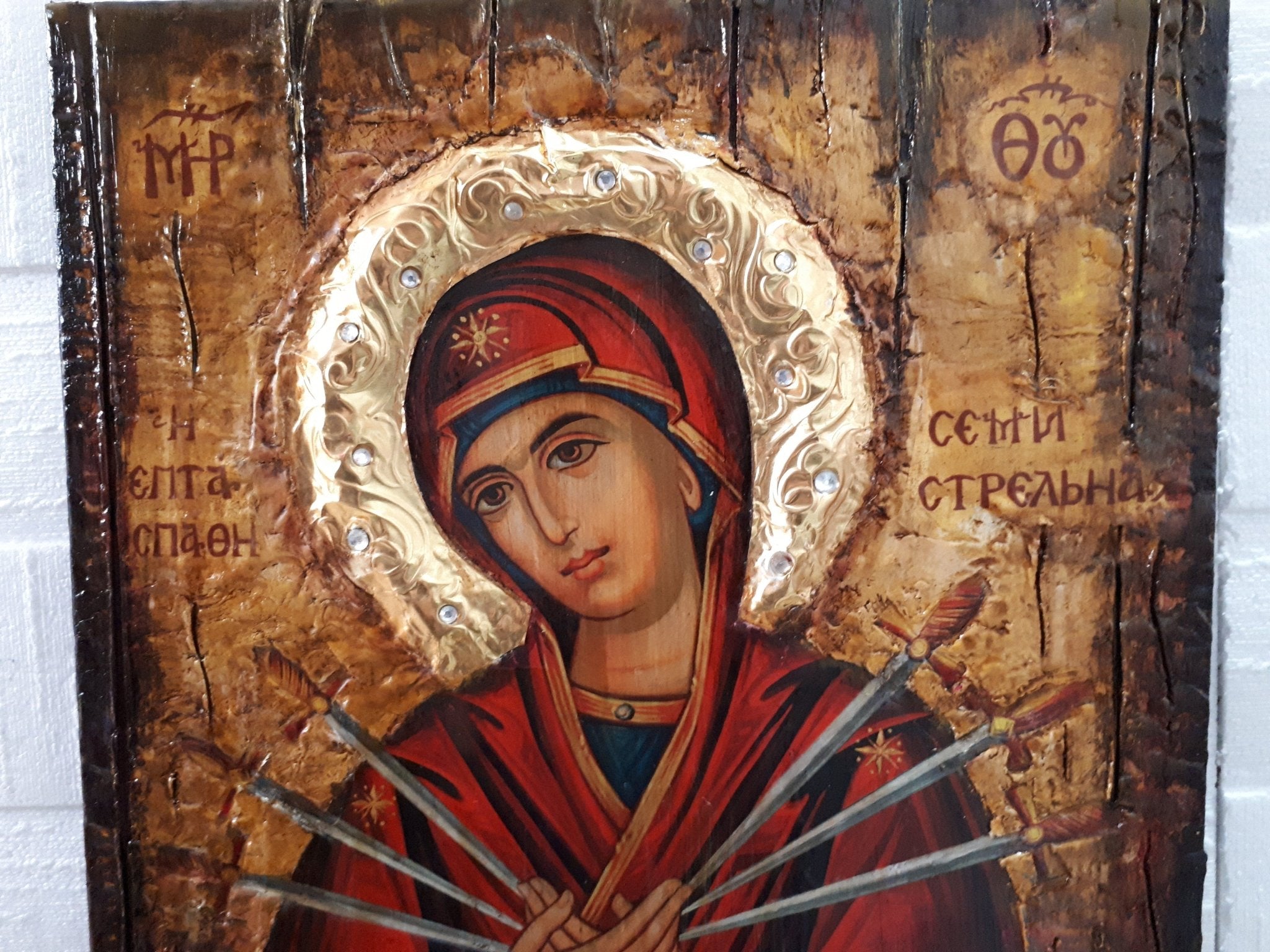 Virgin Mary Theotokos of the 7 Swords icon-Large Orthodox Greek Byzantine Handmade - Vanas Collection